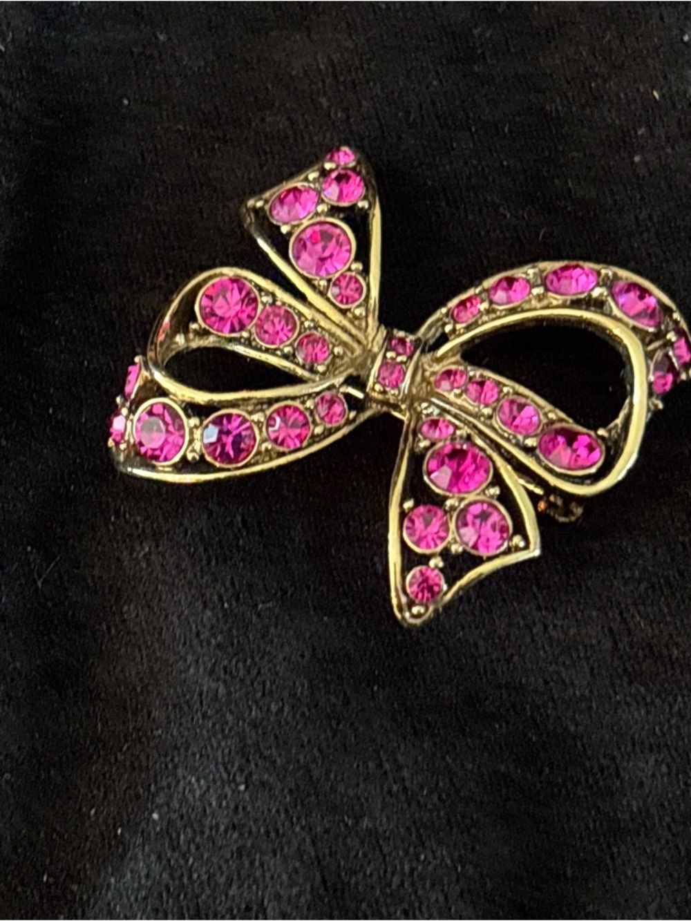 Vintage LC Signed Liz Claiborne Open Work Pink Rhinestone Bow Brooch Gold - Picture 6 of 8